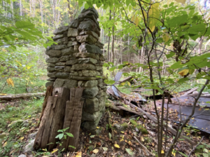 Crumbling stone chimney in the woods